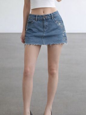 Y2K Denim Mini Skirt Raw Hem Embroidered Low Rise Reworked Festival